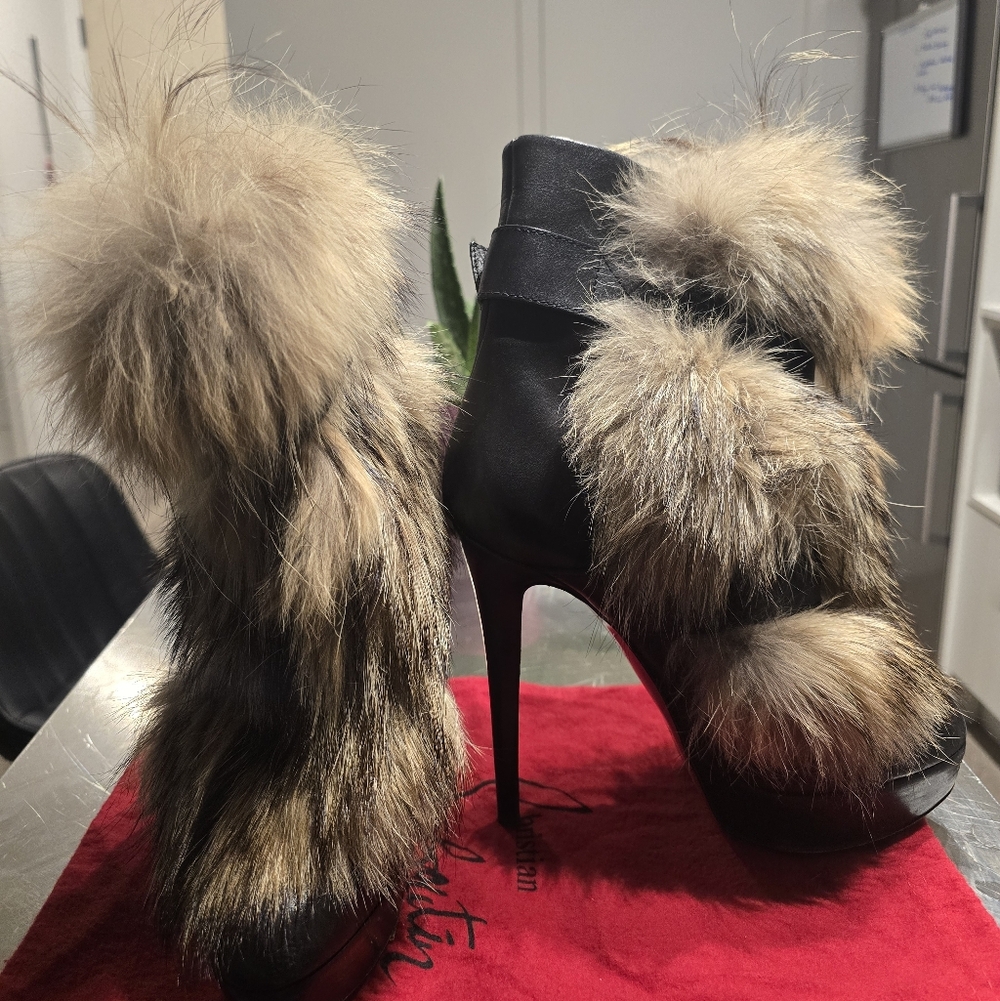 Louboutin Black and Tan Fur-Trimmed Heeled Boots